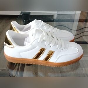Women's White Sneakers with Gold Accents